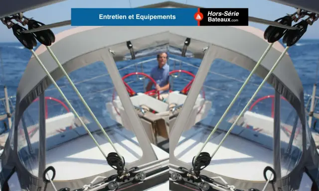 Vue depuis le cockpit d'un voilier, avec un homme au gouvernail. Les cordages et poulies sont visibles, prêts pour une navigation. L'équipement VHF ASN est essentiel pour la sécurité.