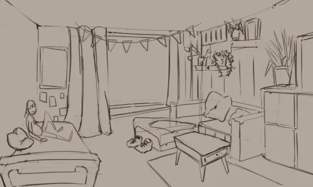Eine Skizze zeigt ein gemütliches Wohnzimmer, das Kinder gezeichnet haben. Ein Bett, ein Sofa und ein Couchtisch sind zu sehen.