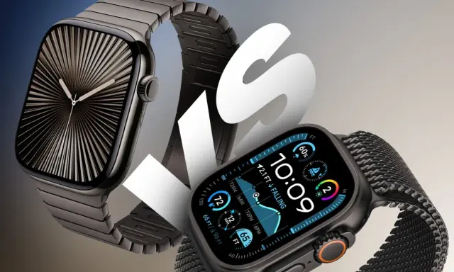 Två Apple Watch, varav den ena visar en stiliserad urtavla och den andra den nyaste med detaljerad data.