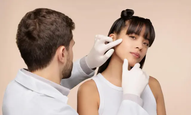 Un médecin examine le visage d'une jeune femme, suggérant une consultation pour une pilule contre l'acné.