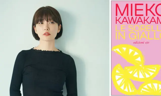 Ritratto di Mieko Kawakami accanto alla copertina del suo libro "Le sorelle in giallo", con limoni stilizzati su sfondo rosa.