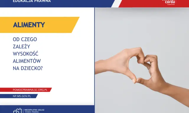Dwie dłonie tworzą serce. Grafika informuje, od czego zależy wysokość alimentów na dziecko.
