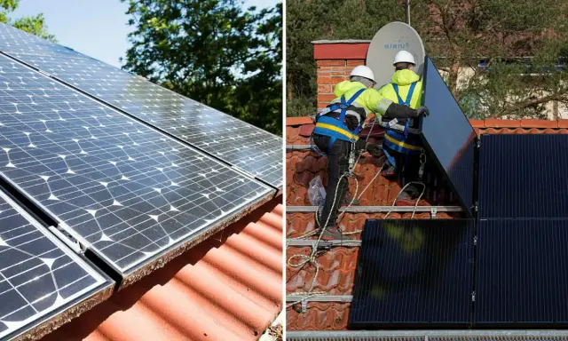 Två bilder visar installation av solceller. Till vänster syns solpaneler på ett tak. Till höger monterar två personer solpaneler, redo att generera solceller kwh.