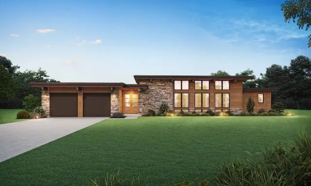 Une élégante maison bois moderne plain pied avec garage double, façade en pierre et grandes fenêtres.