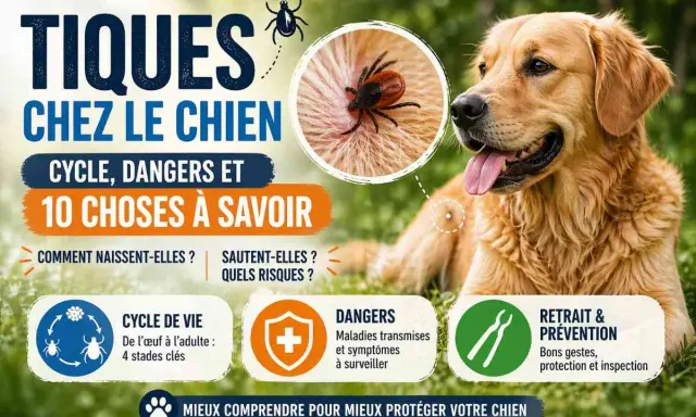 Un chien golden retriever se repose, avec une image agrandie d'une tique sur sa peau. L'infographie explique le cycle de vie, les dangers et la prévention des tiques chez le chien.