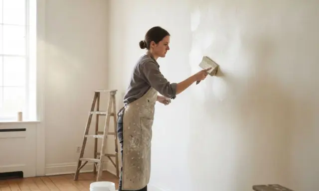 Femme appliquant une peinture à la chaux, un travail qui peut révéler des inconvénients comme des traces si mal appliqué.
