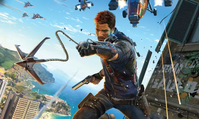Rico Rodriguez z Just Cause 5 w akcji, z pistoletem i hakiem, na tle tropikalnego miasta i nieba pełnego helikopterów.
