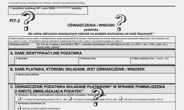Formularz PIT-2, wniosek o pomniejszenie zaliczki na podatek. W sekcji C podatnik może zadeklarować kwotę zmniejszającą podatek.