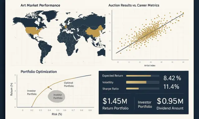 Visualizing art finance: world map of art market performance, auction results vs. artist index, portfolio optimization, and key financial metrics.