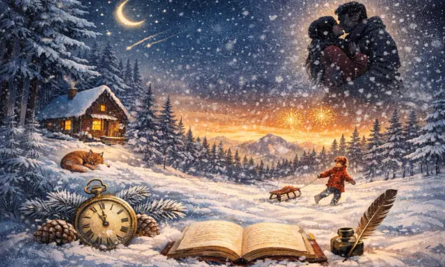 Una poesia d'inverno breve: un bambino tira una slitta, una coppia si bacia sotto la luna, una volpe dorme vicino a una baita.
