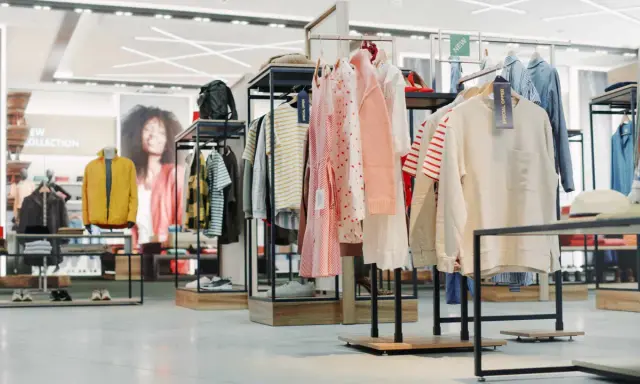 W sklepie odzieżowym widać ubrania na wieszakach i manekinach, buty na półkach. To przykład, co to merchandising – jak atrakcyjnie zaprezentować produkty.