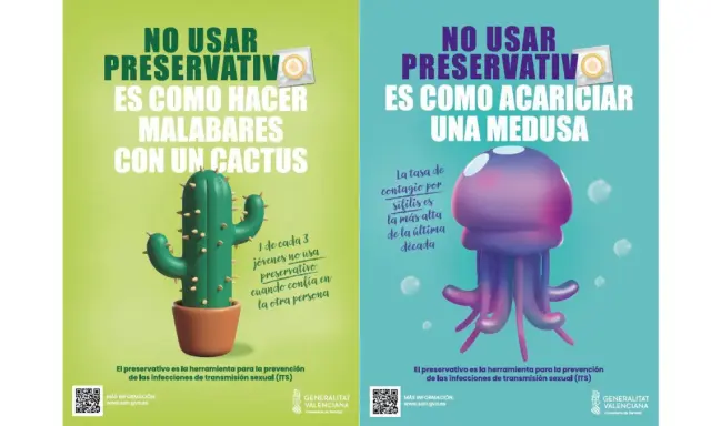 Carteles advierten: no usar preservativo es peligroso. Uno muestra un cactus, otro una medusa. La prevención de la clamidia es clave.