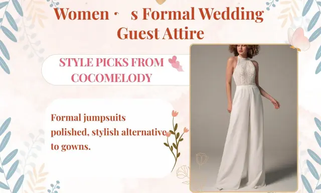 Women's formal wedding guest attire: A white lace-top jumpsuit offers a polished, stylish alternative to gowns, defining what formal attire for a wedding can mean.