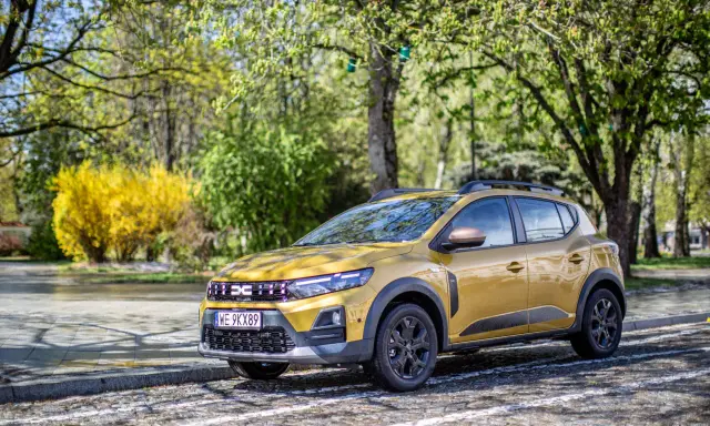 Złoty Dacia Sandero Stepway na tle wiosennej zieleni i kwitnącego krzewu.