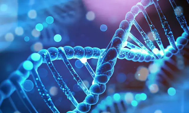 Niebieska podwójna helisa DNA, symbolizująca genetyczne podstawy, rodzi pytanie: czy autyzm jest dziedziczny?