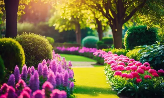 Un chemin de jardin bordé de fleurs roses et violettes, baigné par la lumière dorée du soleil. Une pensée fleurie pour une promenade paisible.