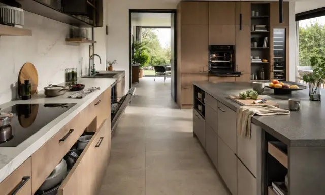 Cuisine moderne avec îlot central, plan de travail en pierre, armoires en bois et un grand espace circulation.