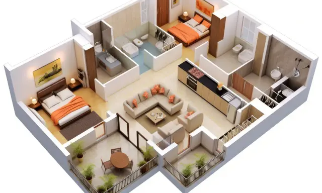 Plan d'une petite maison 2 chambres avec salon, cuisine, deux salles de bain et balcons.