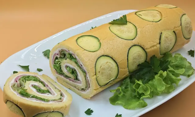 Rotolo di zucchine ripieno di prosciutto e insalata, decorato con fette di zucchina e prezzemolo su un piatto bianco.