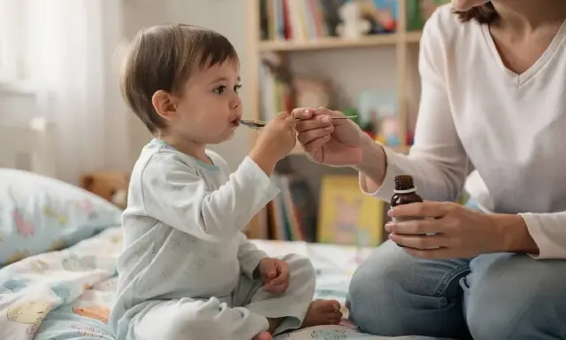 Mama podaje dziecku syrop na uspokojenie. Maluch siedzi na łóżku, przyjmując lek z łyżeczki.