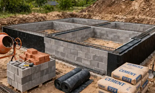 Budowa fundamentów domu w toku. Betonowe bloki tworzą ściany, zbrojenie czeka na zalanie. W pobliżu betoniarka i worki z cementem.