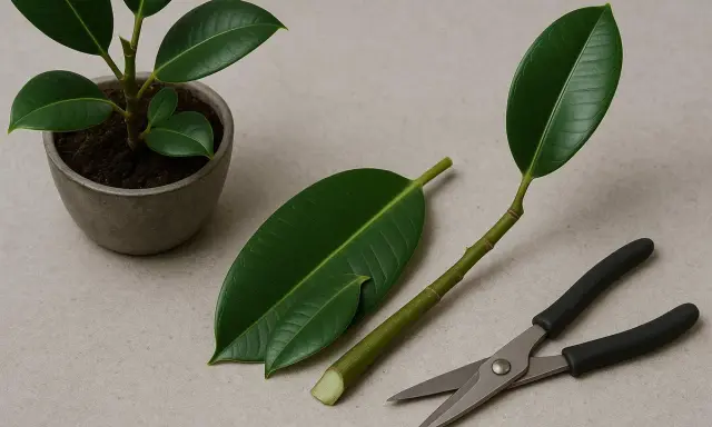 Gummibaum schneiden: Ein kleiner Gummibaum im Topf, ein abgeschnittener Trieb mit zwei Blättern und eine Gartenschere liegen bereit.