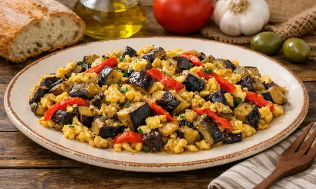 Zarangollo murciano, un plato tradicional con berenjenas, pimientos y huevo revuelto, servido en un plato rústico.