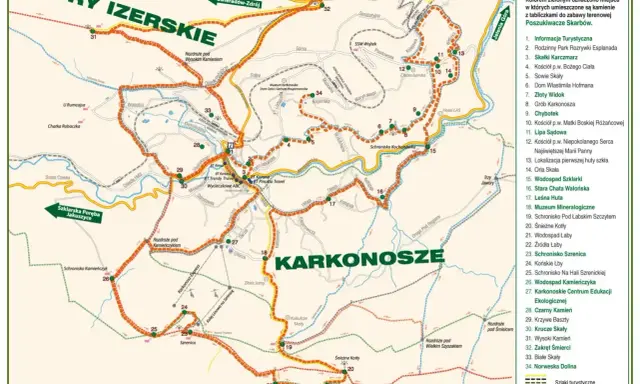 Mapa Karkonoszy i Gór Izerskich z zaznaczonym szlakiem na Szrenicę. Punkty turystyczne i szlaki piesze.