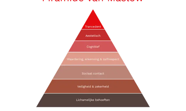 Piramide van Maslow: van lichamelijke behoeften tot transcendentie. Hard werken is nodig om hogere niveaus te bereiken.