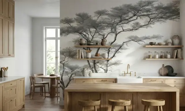 Une cuisine moderne avec des armoires en bois clair et une magnifique tapisserie murale d'arbres en noir et blanc. Une excellente idée tapisserie cuisine pour une ambiance zen.