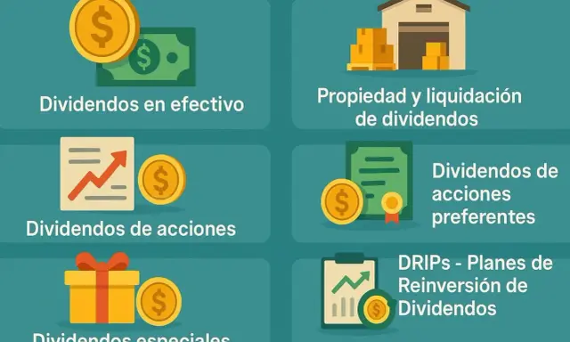 Ilustración de varios tipos de dividendos: en efectivo, de acciones, preferentes, especiales y DRIPs (planes de reinversión de dividendos).