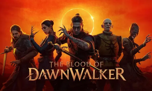 Pięcioro bohaterów, w tym wojownicy i istoty o mrocznym wyglądzie, stoi na tle krwistego nieba. Tytuł gry "The Blood of Dawnwalker" sugeruje epicką opowieść.