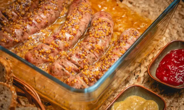 Pyszna biała kiełbasa w piwie, posypana ziarnami gorczycy, pieczona w szklanym naczyniu. Obok sosy i chleb.