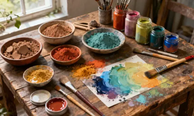 Pots de pigments naturels colorés, prêts pour une recette de colle naturelle. Pinceaux et palette de couleurs sur un établi en bois.