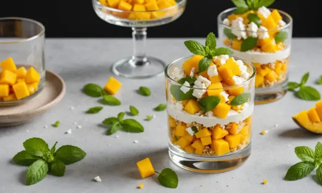 Verrine mangue salée : dés de mangue fraîche, fromage blanc crémeux, éclats de noix et feuilles de menthe, une explosion de saveurs.