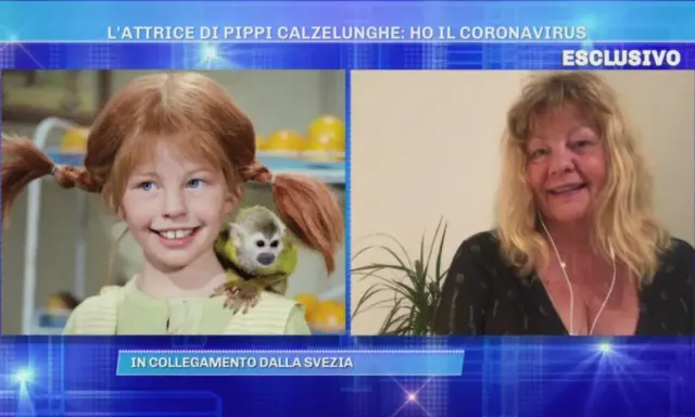 Pippi Calzelunghe a 70 anni: l'attrice Inger Nilsson, con il suo scimmiotto, in collegamento dalla Svezia.