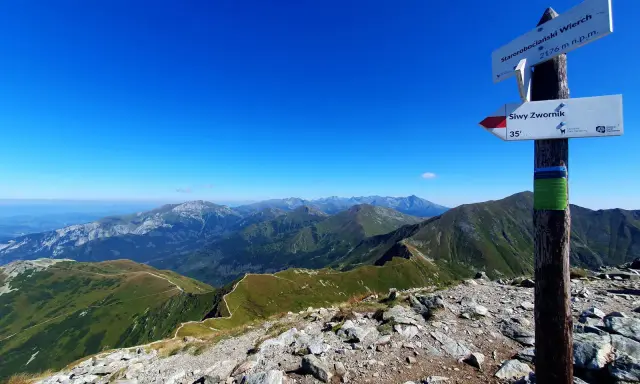 Widok z **Starorobociańskiego Wierchu** na Tatry Zachodnie. Szlak turystyczny wije się po zielonych grzbietach.