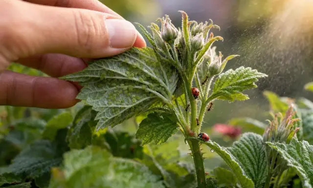 Main de jardinier inspectant une feuille de fraisier infestée de pucerons. Des coccinelles et des fourmis sont présentes, suggérant un traitement naturel contre les pucerons.
