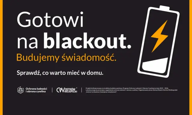 Gotowi na blackout. Budujemy świadomość. Sprawdź, co warto mieć w domu, by przygotować się na skutki przerwania dostaw energii elektrycznej. Ikona baterii symbolizuje gotowość.