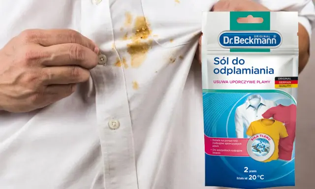 Biała koszula z brązowymi plamami i opakowanie odplamiacza Dr. Beckmann.