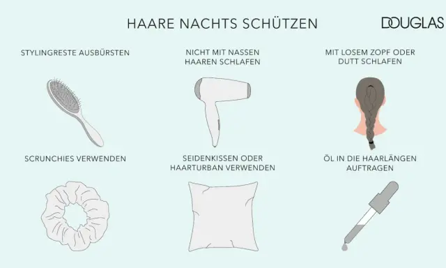 Tipps für die perfekte Frisur zum Schlafen: Stylingreste ausbürsten, nicht mit nassen Haaren schlafen, lockeren Zopf tragen, Scrunchies nutzen, Seidenkissen verwenden und Öl auftragen.