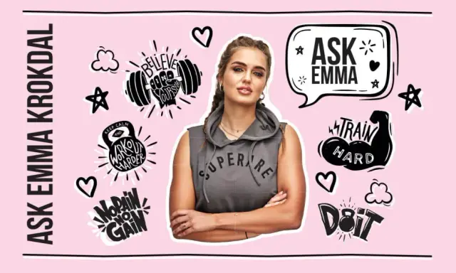Emma Krokdal, omgiven av träningsmotiv som "Train Hard" och "No Pain No Gain". Fråga Emma!