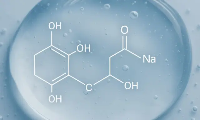 Struktura chemiczna hialuronianu sodu na niebieskim tle z pęcherzykami powietrza.