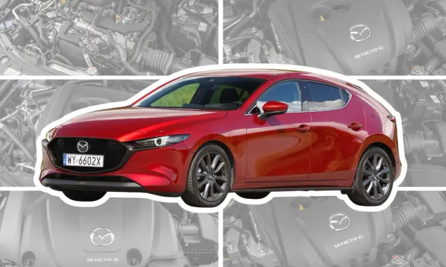 Czerwona Mazda 3 Skyactiv z widocznym silnikiem.