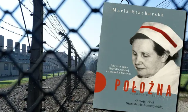 Książka o położnej z Auschwitz-Birkenau, która pomagała dzieciom. W tle druty kolczaste i baraki obozu.