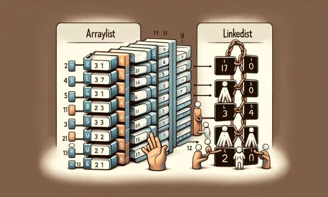 Porównanie ArrayList i LinkedList w Javie. ArrayList to stos książek, LinkedList to łańcuch ludzi.