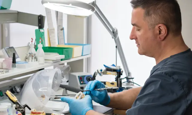 Pracownia technika dentystycznego. Precyzyjna praca nad protezą, która wpływa na technik dentystyczny zarobki.