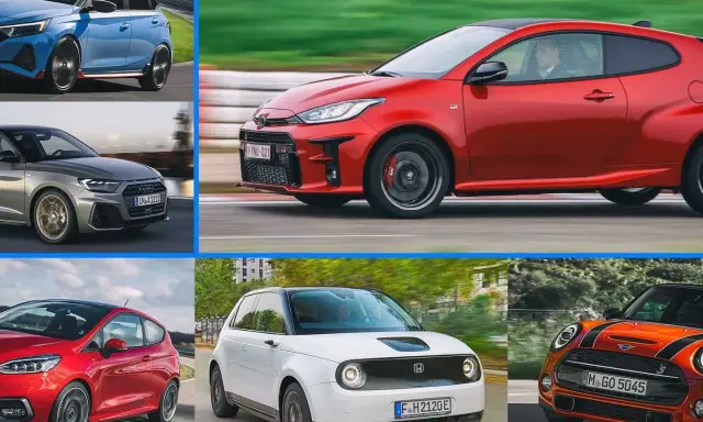 Comparativa de coches segmento b: azul deportivo, gris elegante, rojo agresivo, blanco eléctrico y naranja icónico.
