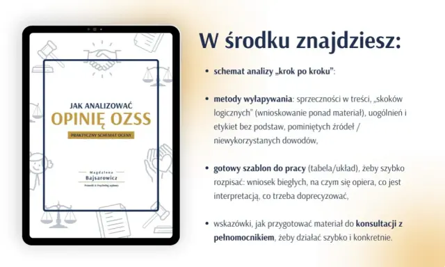 Na tablecie widoczna okładka poradnika "Jak analizować opinię OZSS". W środku schemat analizy, metody wyłapywania błędów i gotowy szablon.