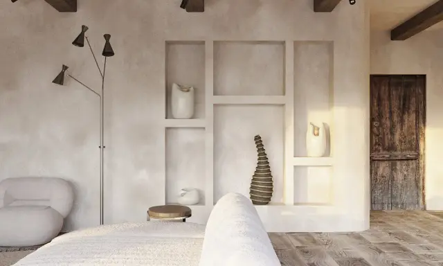 Przytulne wnętrze w stylu wabi sabi z drewnianymi belkami, rustykalnymi dekoracjami i miękkim oświetleniem.
